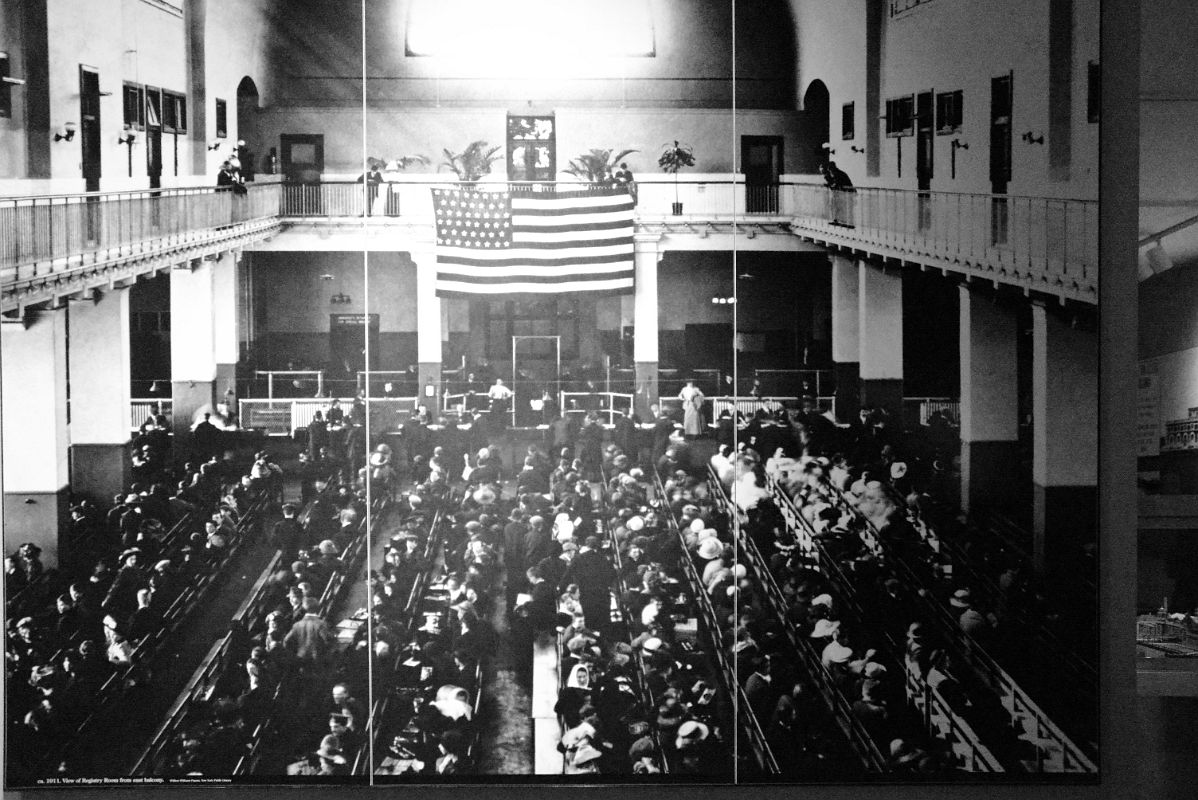 12-06 Photograph Of Great Hall Where Immigrants Were Processed With 48-Star US Flags Ellis Island Main Immigration Station Building